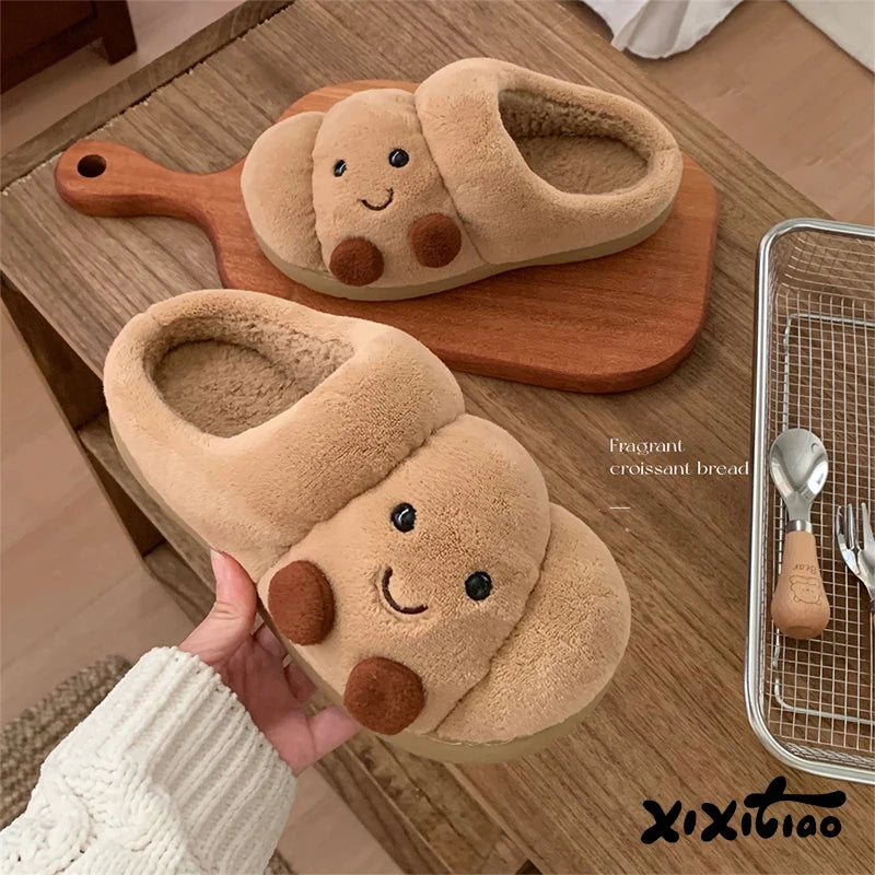 Croissant Plush House Slippers Unisex Non-Slip Warm Winter Shoes Indoor Soft Comfort Slippers | Sansoti