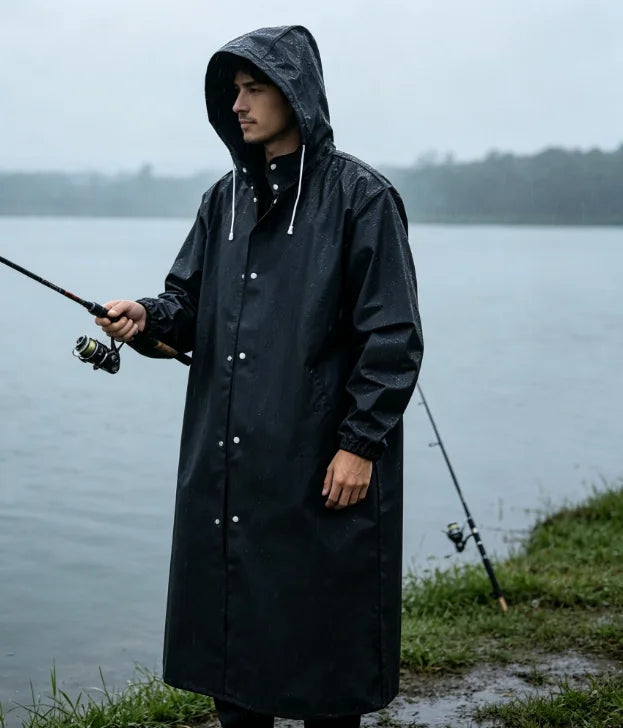 Extra Long Waterproof Raincoat Unisex Black with Hood for Outdoor Hiking Fishing Cycling Camping | Sansoti