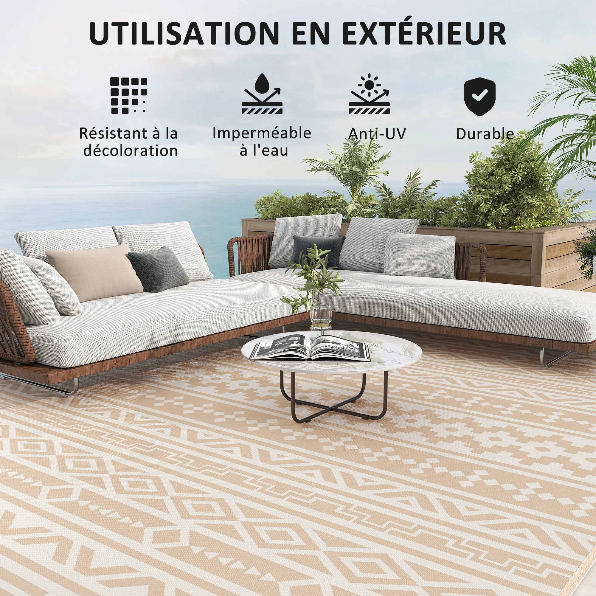 Buitenkleed Omkeerbaar 365x274cm Beige Polypropyleen Tuinkleed Camping Picknick Terras Vloermat Opvouwbaar Transporttas | Sansoti