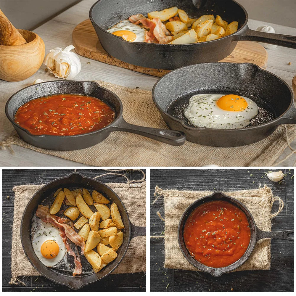 Gietijzeren Koekenpannenset 3-delig 16-20-26cm Inductie Gasfornuis Ongecoat Braadpan Omeletpan Roerbakpan Zwart | Sansoti