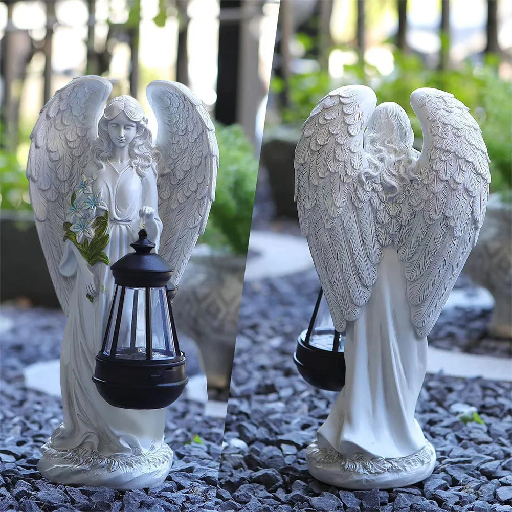 Statue d'Ange Jardin Énergie Solaire LED Lanterne 31cm Résine Automatique Extérieur Jardin Terrasse Patio Lampe d'Ambiance Étanche Blanc | Restfield