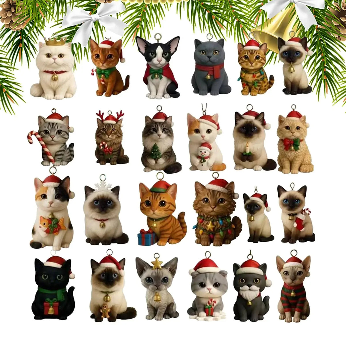 Christmas Advent Calendar with 24 Kitten Ornaments, Acrylic Christmas Tree Decorations, Hanging Decoration | Sansoti
