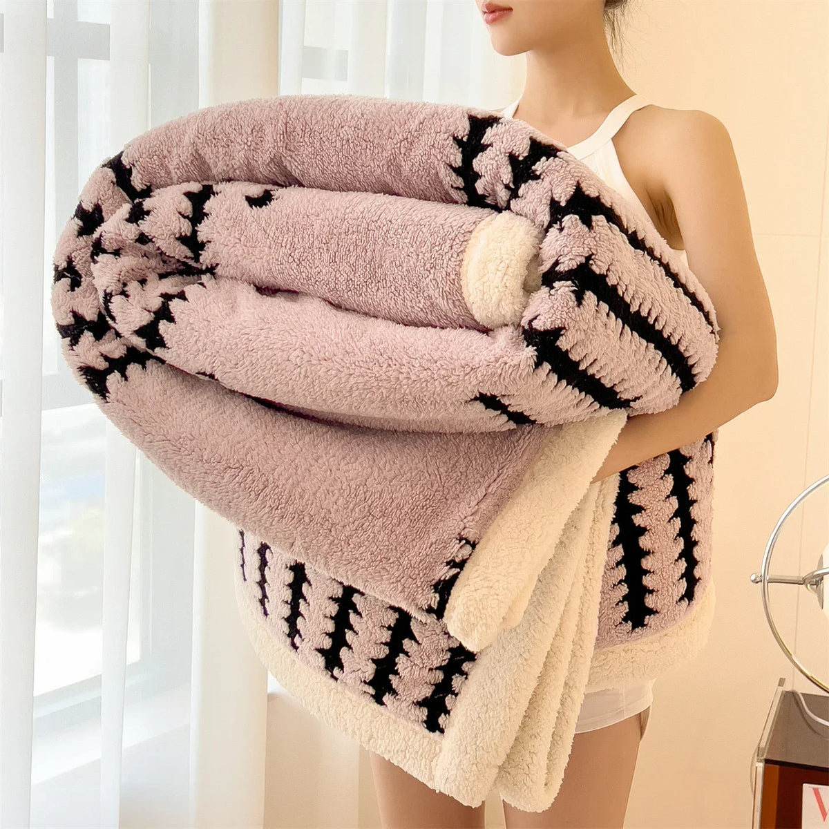 Dubbelzijdige Winterdeken Fleece Imitatiebont Geometrisch Patroon Warmtedeken Bed Bank Plaid Woonkamer | Sansoti