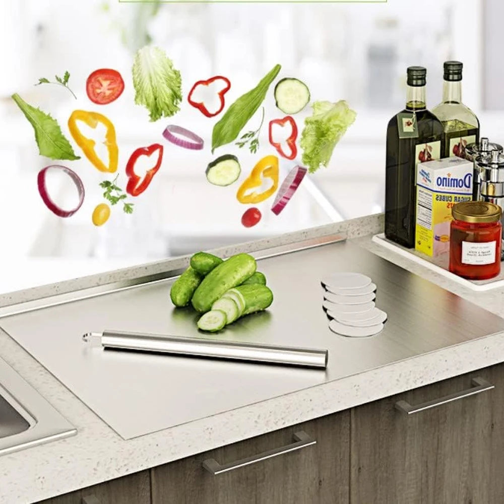 Planche à découper en acier inoxydable avec bord antidérapant, acier 304 antibactérien et hygiénique pour légumes, viande, poisson et pâtisseries, cuisine | Sansoti