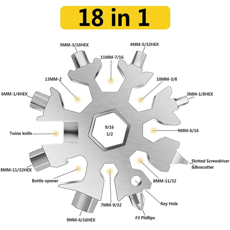18-in-1 Sneeuwvlok Multitool in Compacte Sleutelhangerformaat met Moersleutels, Schroevendraaiers en Flesopener | Sansoti