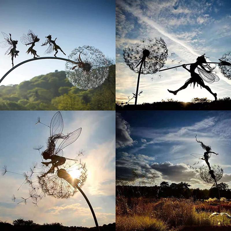 Metalen Tuinornament Fee met Paardenbloem 75cm Zwart Silhouet Gazon Decoratie Tuinsteker Miniatuur Tuin | Sansoti