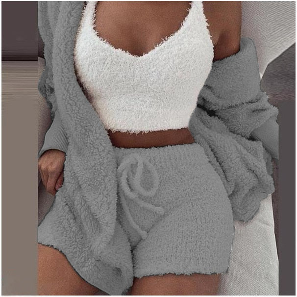 Ensemble d’intérieur tricoté trois pièces pour femmes, crop top, gilet et pantalon, chaud, vêtements d’intérieur d’hiver, confortable, détente | Sansoti