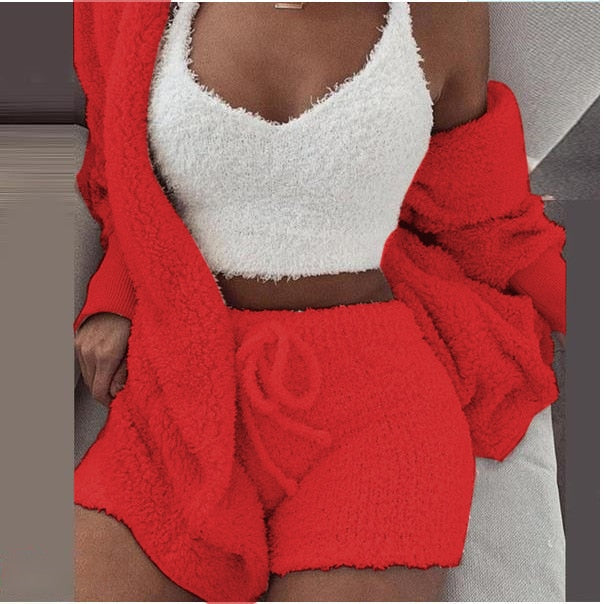 Ensemble d’intérieur tricoté trois pièces pour femmes, crop top, gilet et pantalon, chaud, vêtements d’intérieur d’hiver, confortable, détente | Sansoti