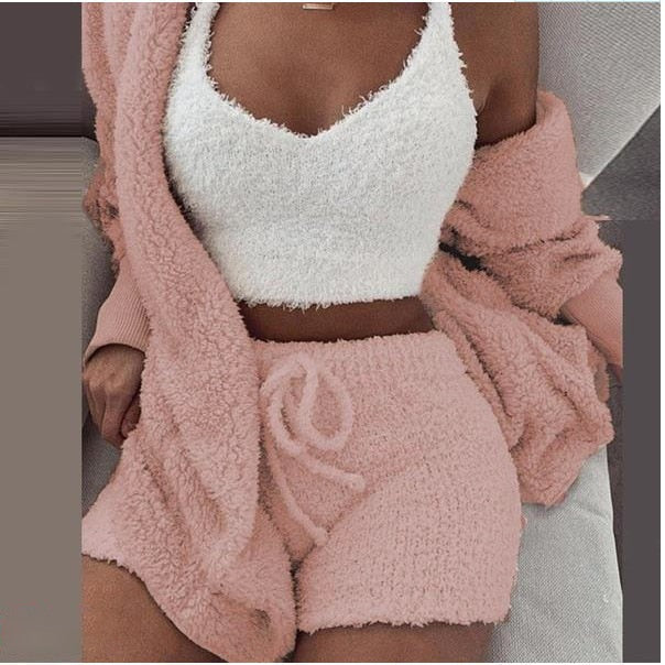Ensemble d’intérieur tricoté trois pièces pour femmes, crop top, gilet et pantalon, chaud, vêtements d’intérieur d’hiver, confortable, détente | Sansoti