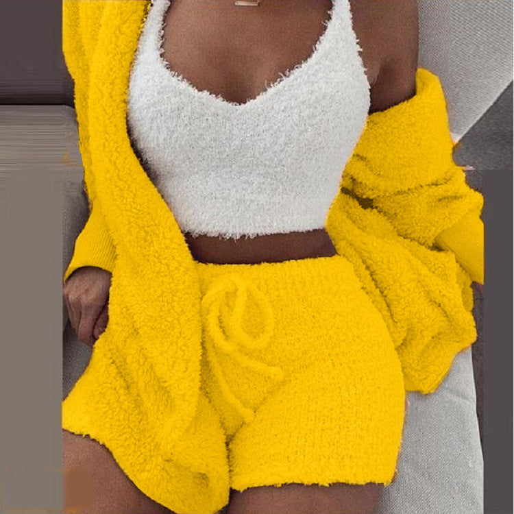 Ensemble d’intérieur tricoté trois pièces pour femmes, crop top, gilet et pantalon, chaud, vêtements d’intérieur d’hiver, confortable, détente | Sansoti