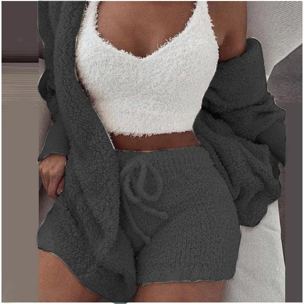 Ensemble d’intérieur tricoté trois pièces pour femmes, crop top, gilet et pantalon, chaud, vêtements d’intérieur d’hiver, confortable, détente | Sansoti