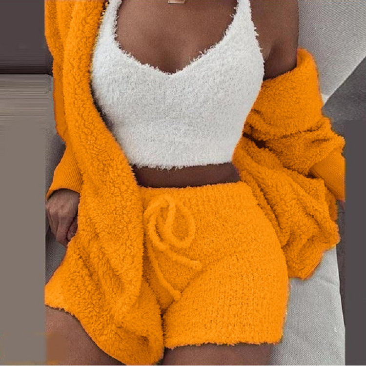 Ensemble d’intérieur tricoté trois pièces pour femmes, crop top, gilet et pantalon, chaud, vêtements d’intérieur d’hiver, confortable, détente | Sansoti