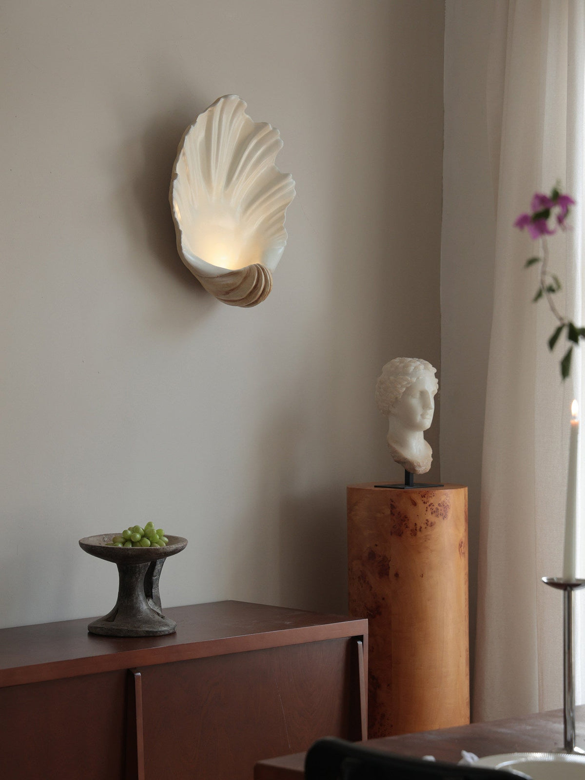 Wall Lamp Shell Cream White Natural Wood E12 Socket Organic Shapes Living Room Bedroom Hallway 42×19×52cm | Sansoti
