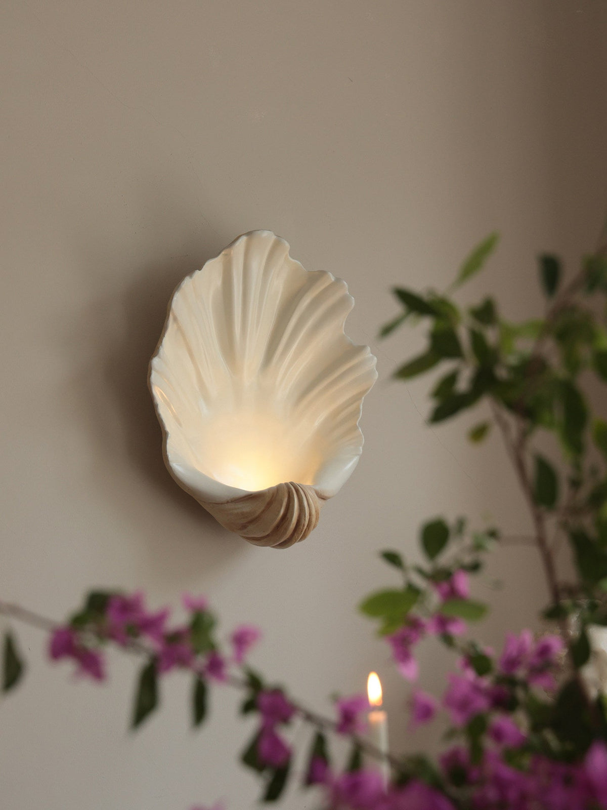 Wall Lamp Shell Cream White Natural Wood E12 Socket Organic Shapes Living Room Bedroom Hallway 42×19×52cm | Sansoti