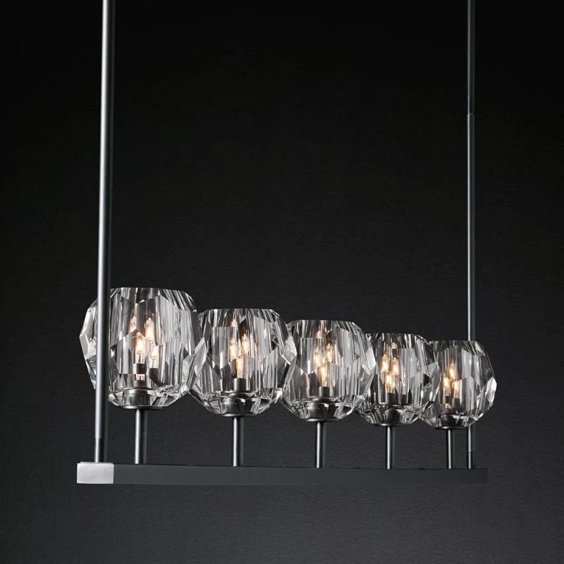 Lineaire Kroonluchter met Kristallen Bollen 152cm Messing Zwart Nikkel voor Eetkamer Woonkamer 6 Lichtpunten | Sansoti