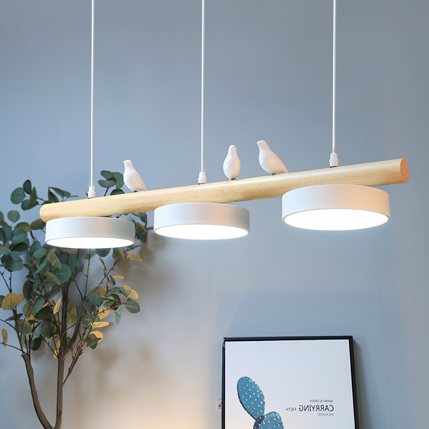 Hanglamp Met Vogels Houten Balk LED 80cm Modern Design | Sansoti