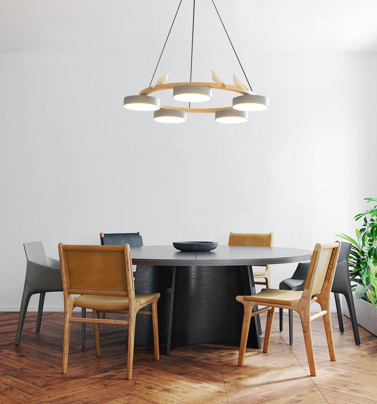 Runde Hängelampe Mit Vögeln Holzring LED 65cm 72cm | Restfield
