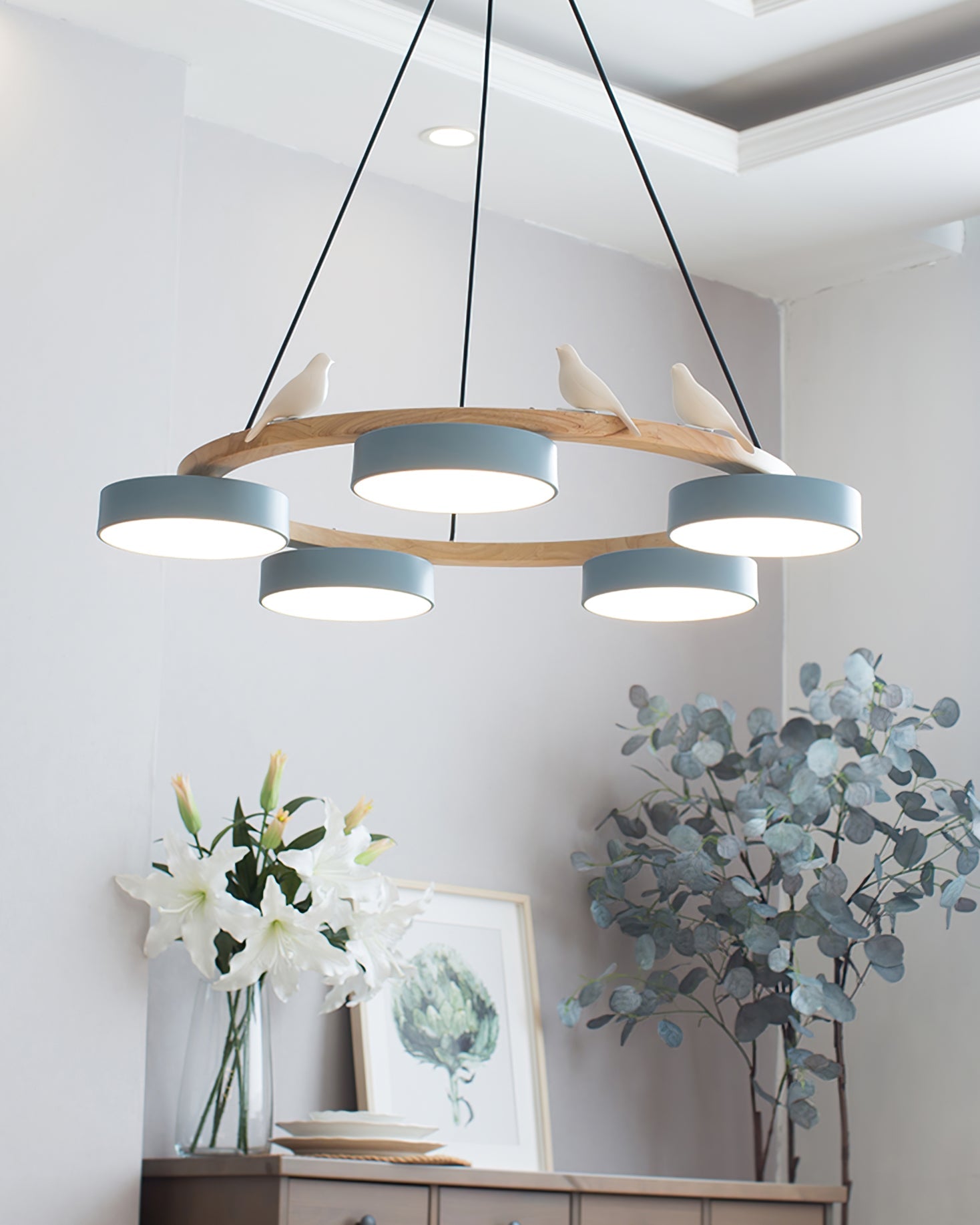 Runde Hängelampe Mit Vögeln Holzring LED 65cm 72cm | Restfield