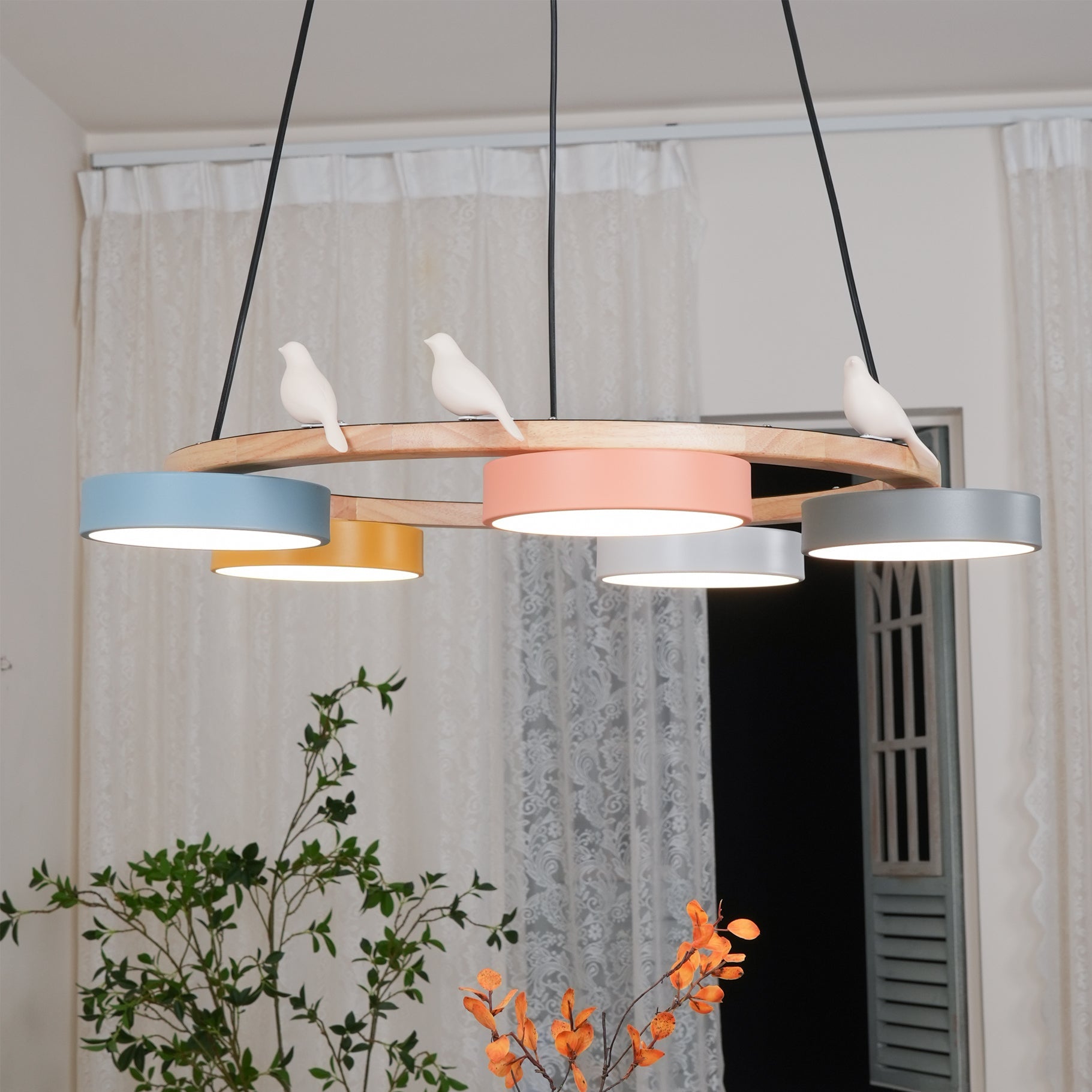 Runde Hängelampe Mit Vögeln Holzring LED 65cm 72cm | Restfield