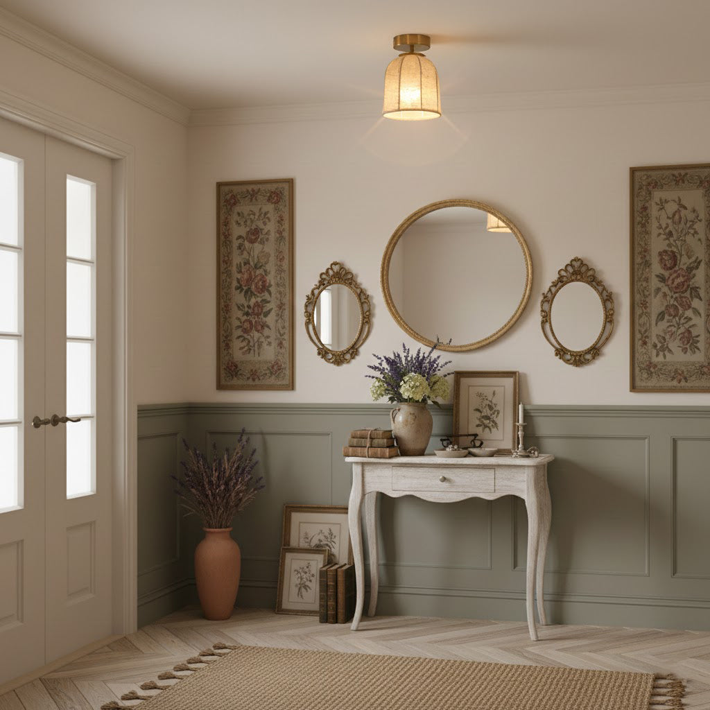 Linnen plafondlamp met gouden ijzeren frame rustiek design warm sfeerlicht voor slaapkamer woonkamer hal entree landelijk | Sansoti