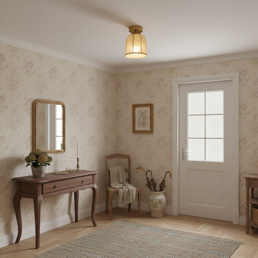 Linnen plafondlamp met gouden ijzeren frame rustiek design warm sfeerlicht voor slaapkamer woonkamer hal entree landelijk | Sansoti