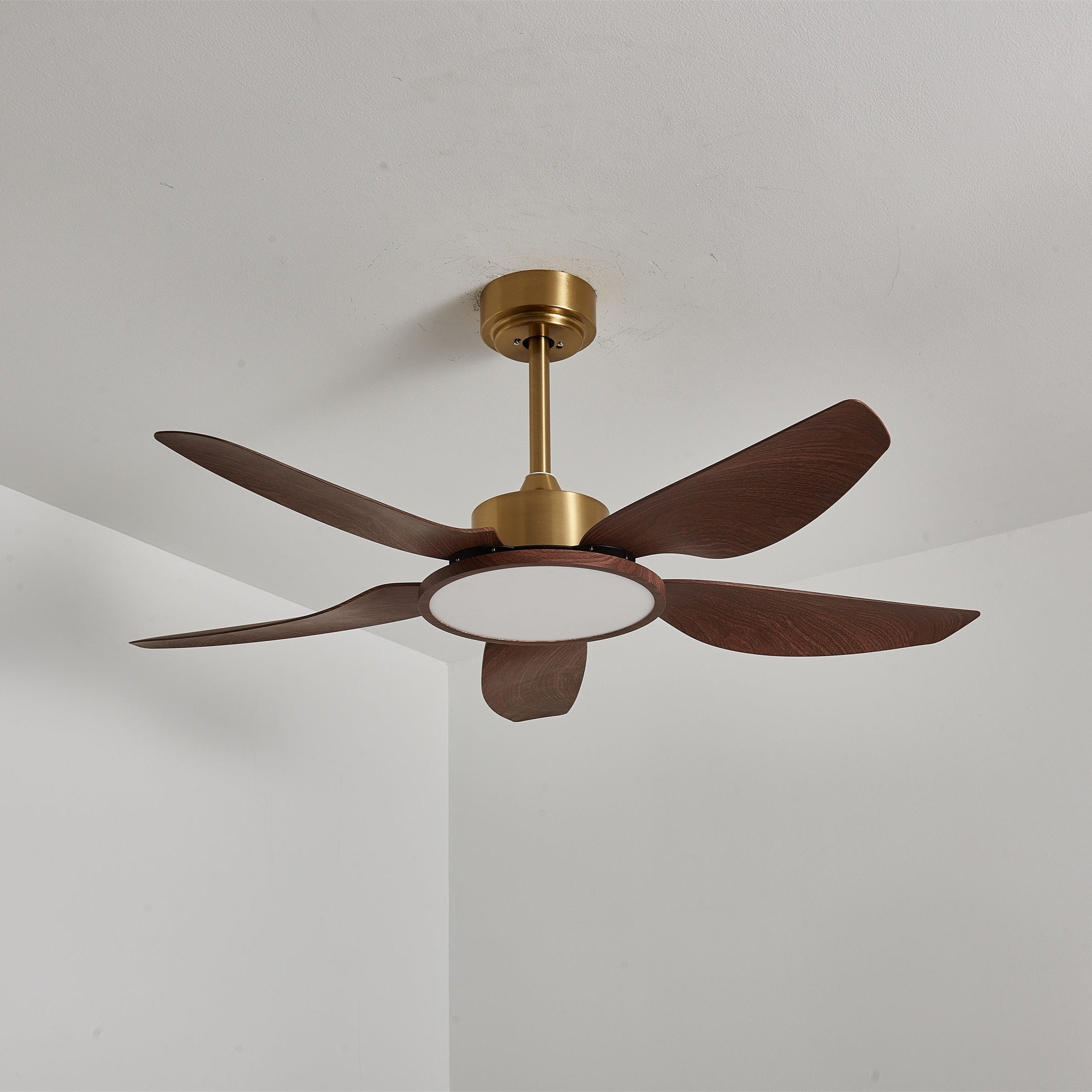 Plafondventilator met Verlichting Notenhout Messing Modern Design 3-Snelheden Afstandsbediening LED Geïntegreerd 35W Dimbaar Eiken Staal Luxe Scandinavisch Binnengebruik Woonkamer Slaapkamer Ventilator met Lampkap Ventilatie Koeling | Sansoti