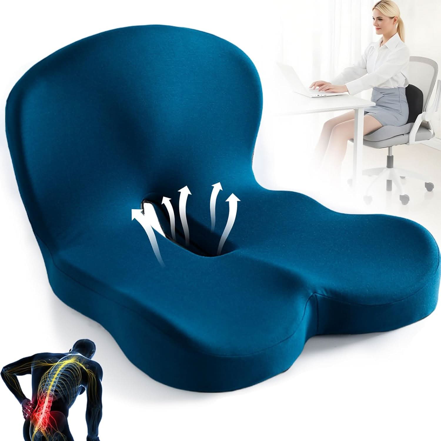 ErgoComfort Zitkussen Memory Foam Ergonomisch Drukverlagend Antislip | Bureaustoel Auto Thuiswerken Rugpijn Steunkussen Zitkussens | Sansoti