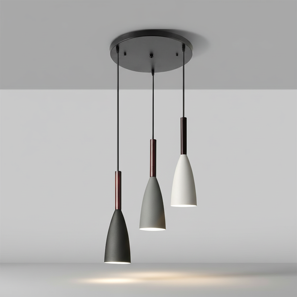 Suspension triple en aluminium et bois E27 à intensité variable, réglable, design scandinave pour salle à manger, cuisine et salon | Sansoti