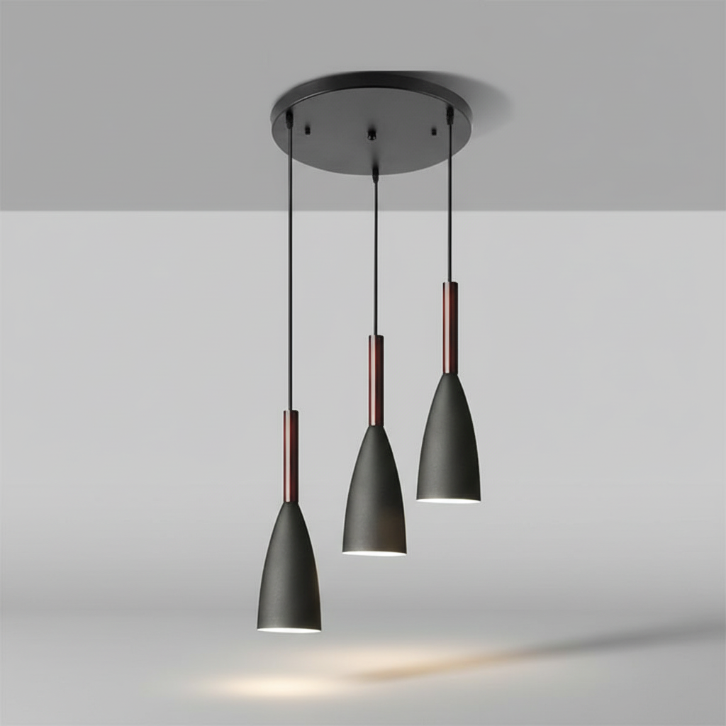 Suspension triple en aluminium et bois E27 à intensité variable, réglable, design scandinave pour salle à manger, cuisine et salon | Sansoti