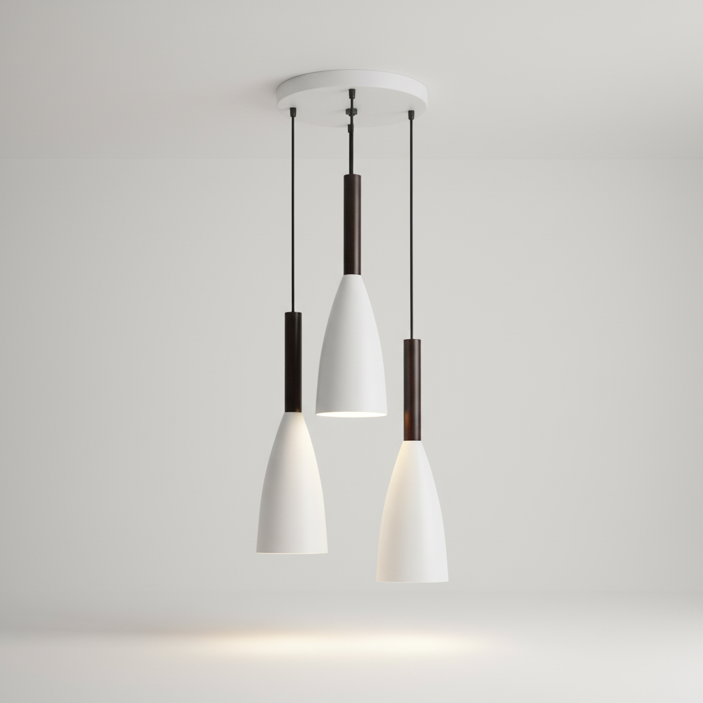 Suspension triple en aluminium et bois E27 à intensité variable, réglable, design scandinave pour salle à manger, cuisine et salon | Sansoti