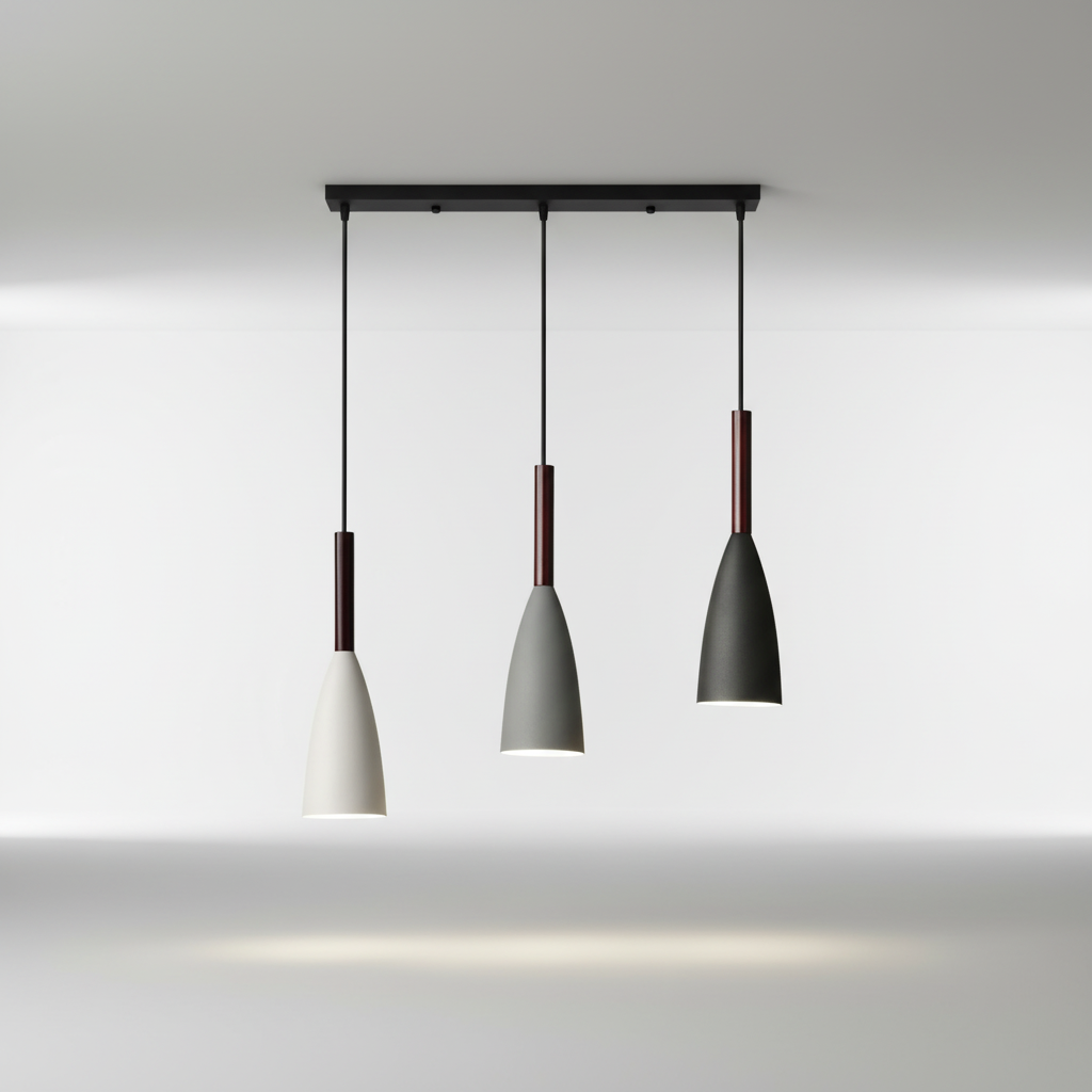 Suspension triple en aluminium et bois E27 à intensité variable, réglable, design scandinave pour salle à manger, cuisine et salon | Sansoti