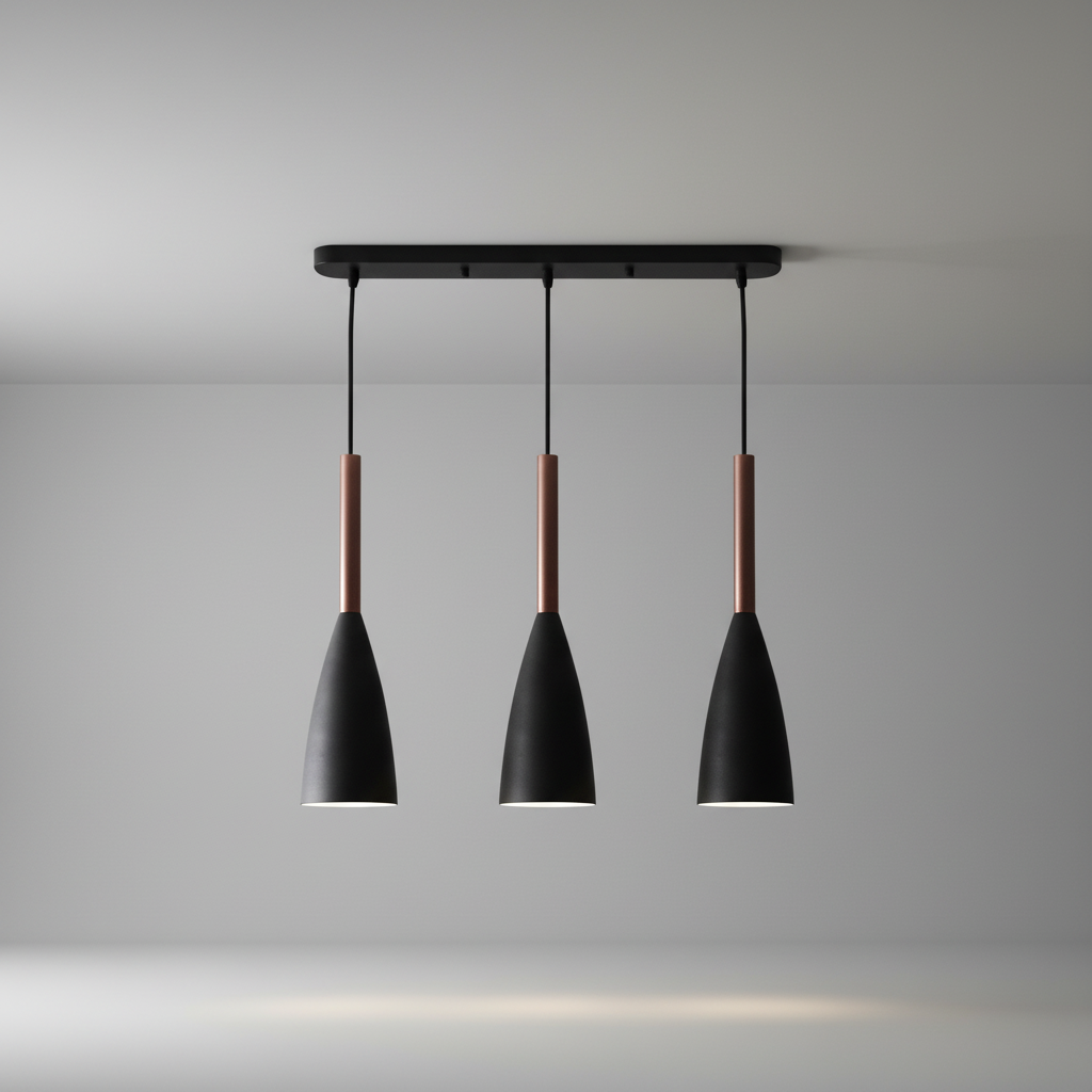 Suspension triple en aluminium et bois E27 à intensité variable, réglable, design scandinave pour salle à manger, cuisine et salon | Sansoti