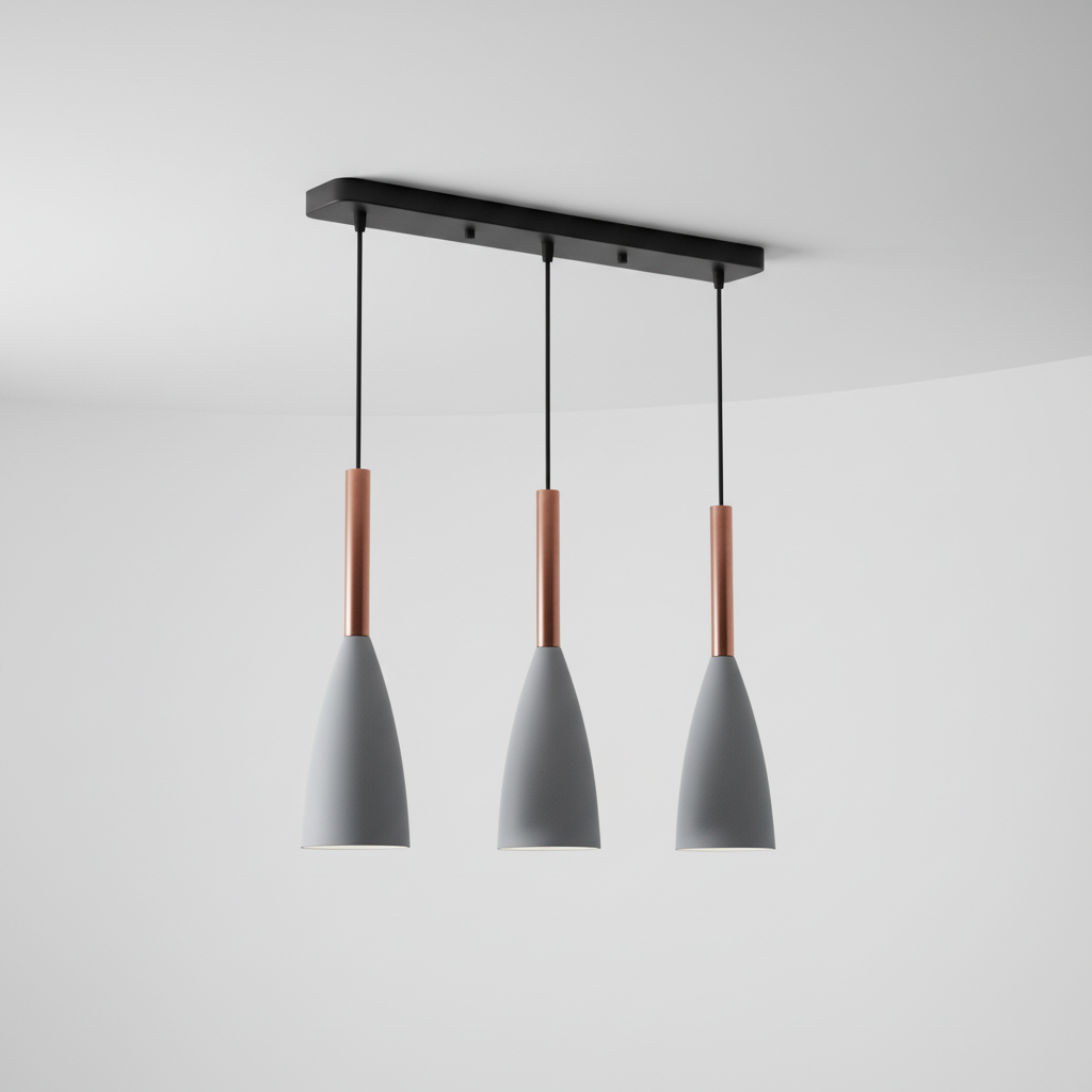 Suspension triple en aluminium et bois E27 à intensité variable, réglable, design scandinave pour salle à manger, cuisine et salon | Sansoti