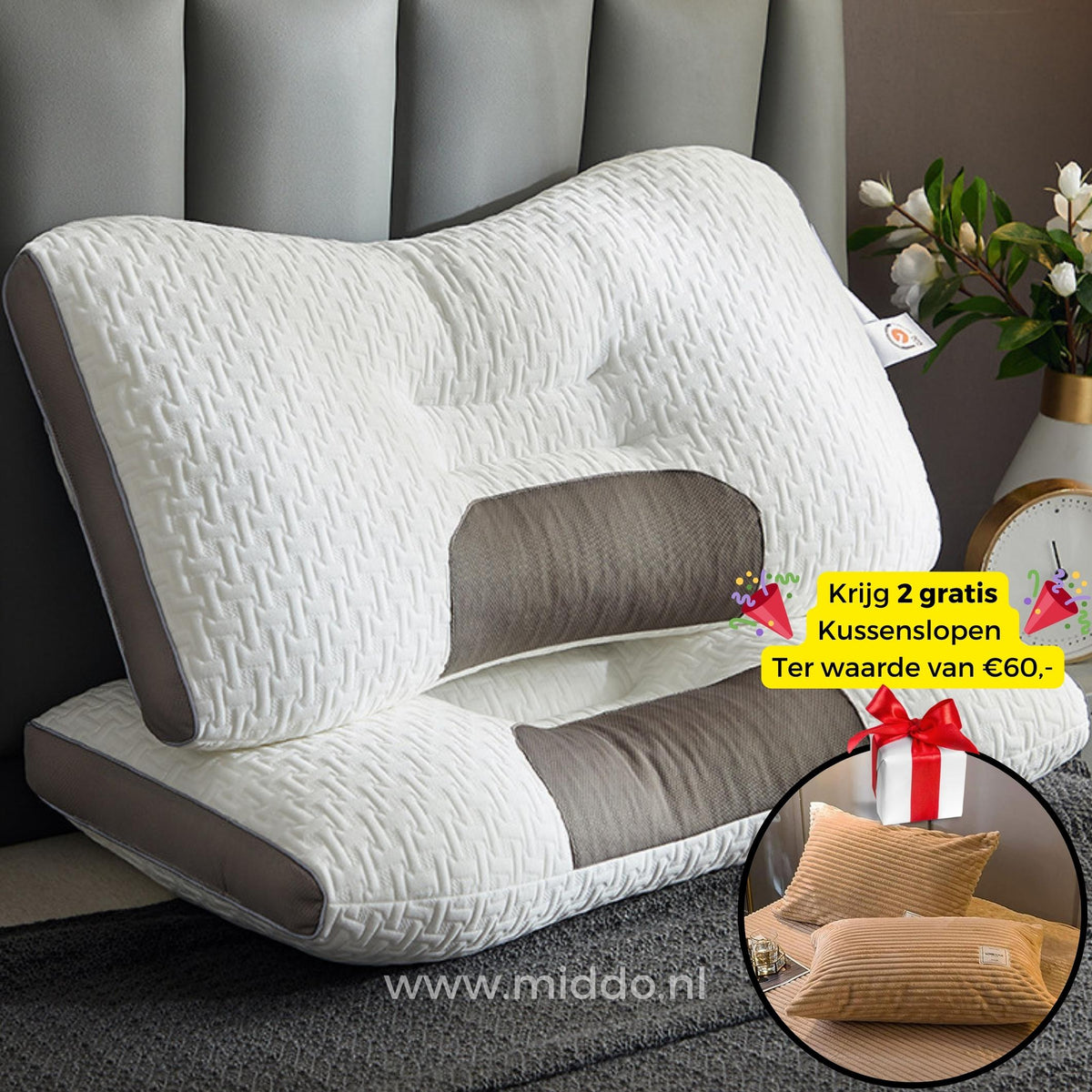 Ergonomisch Neksteunkussen Memory Foam voor Rug- en Zijslapers 48x74cm met Kussenslopen Optimale Neksteun | Sansoti