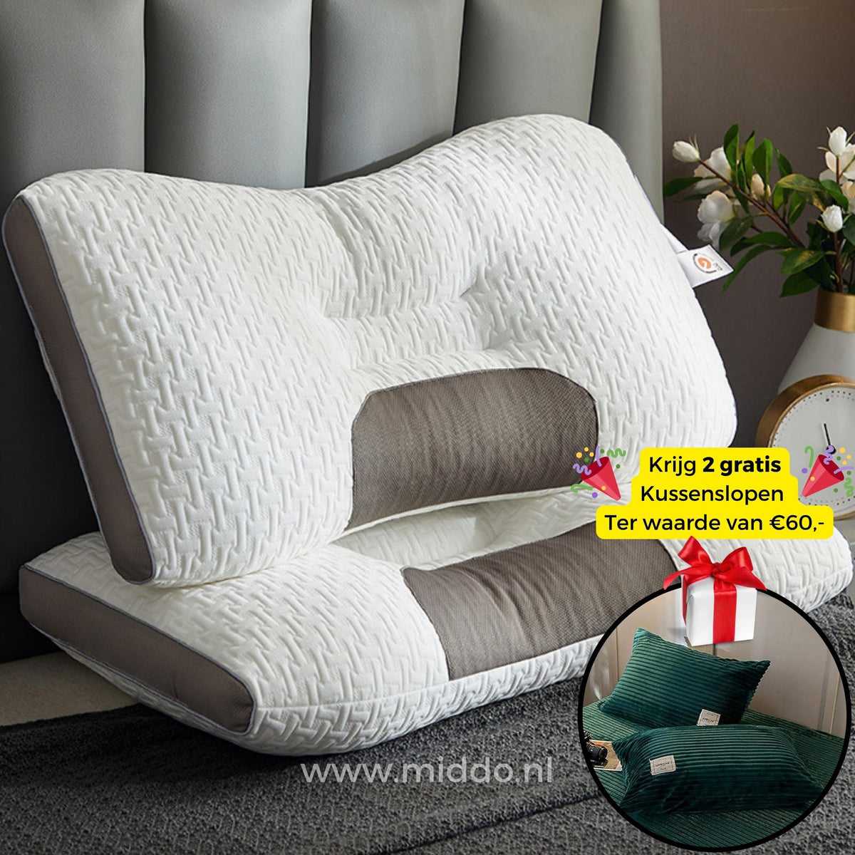 Ergonomisch Neksteunkussen Memory Foam voor Rug- en Zijslapers 48x74cm met Kussenslopen Optimale Neksteun | Sansoti