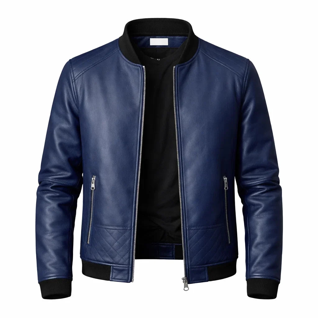 Men's Leather Jacket with Ribbed Collar and Zipper Pockets - Slim-Fit Bomber Jacket Stylish Casual Outerwear | Sansoti