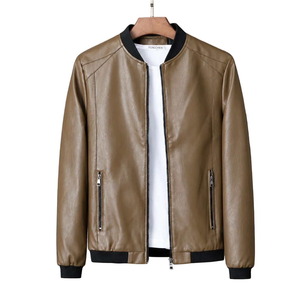 Men's Leather Jacket with Ribbed Collar and Zipper Pockets - Slim-Fit Bomber Jacket Stylish Casual Outerwear | Sansoti
