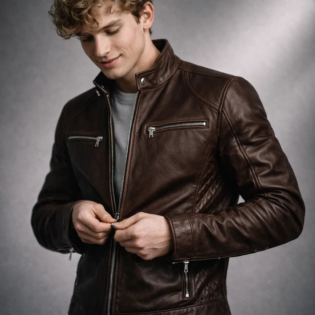 Leren Herenjack Staande Kraag Ritssluitingen Slim Fit Zwart Bruin Motorjack Herfst Winter Stijlvol Casual | Sansoti