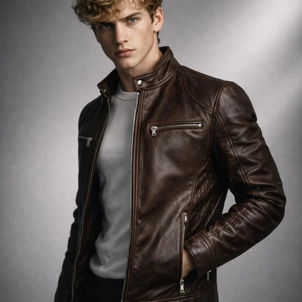 Leren Herenjack Staande Kraag Ritssluitingen Slim Fit Zwart Bruin Motorjack Herfst Winter Stijlvol Casual | Sansoti