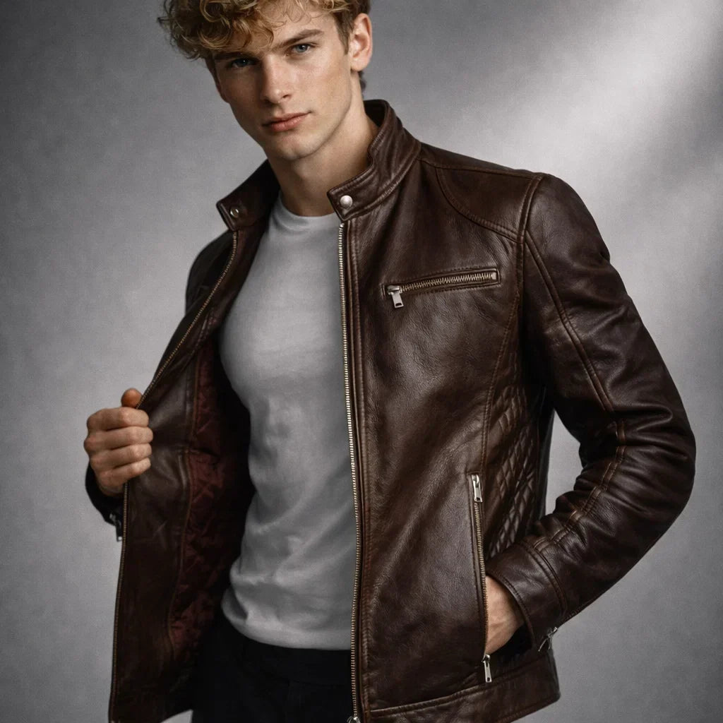 Leren Herenjack Staande Kraag Ritssluitingen Slim Fit Zwart Bruin Motorjack Herfst Winter Stijlvol Casual | Sansoti