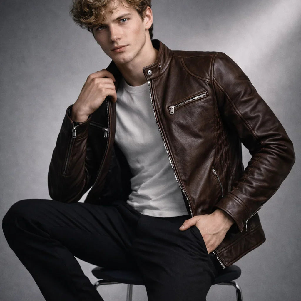 Leren Herenjack Staande Kraag Ritssluitingen Slim Fit Zwart Bruin Motorjack Herfst Winter Stijlvol Casual | Sansoti