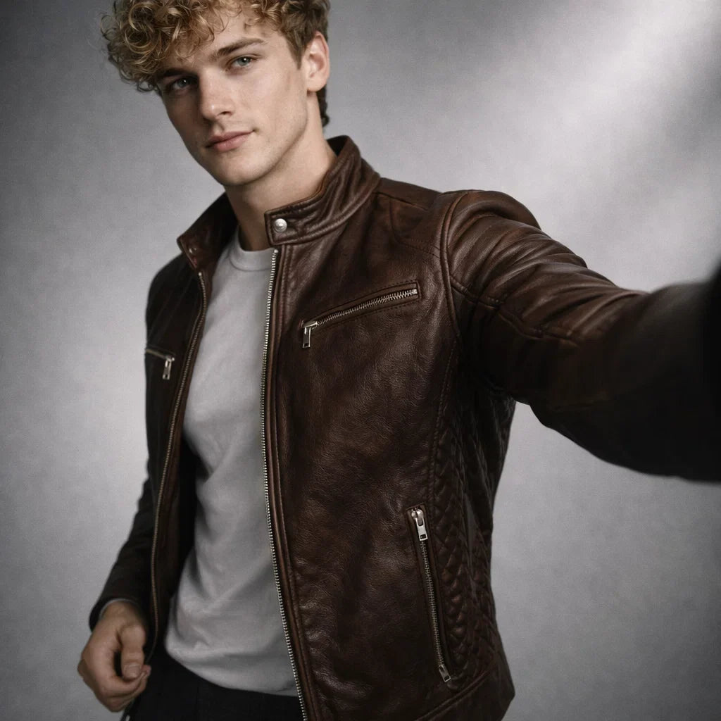 Leren Herenjack Staande Kraag Ritssluitingen Slim Fit Zwart Bruin Motorjack Herfst Winter Stijlvol Casual | Sansoti