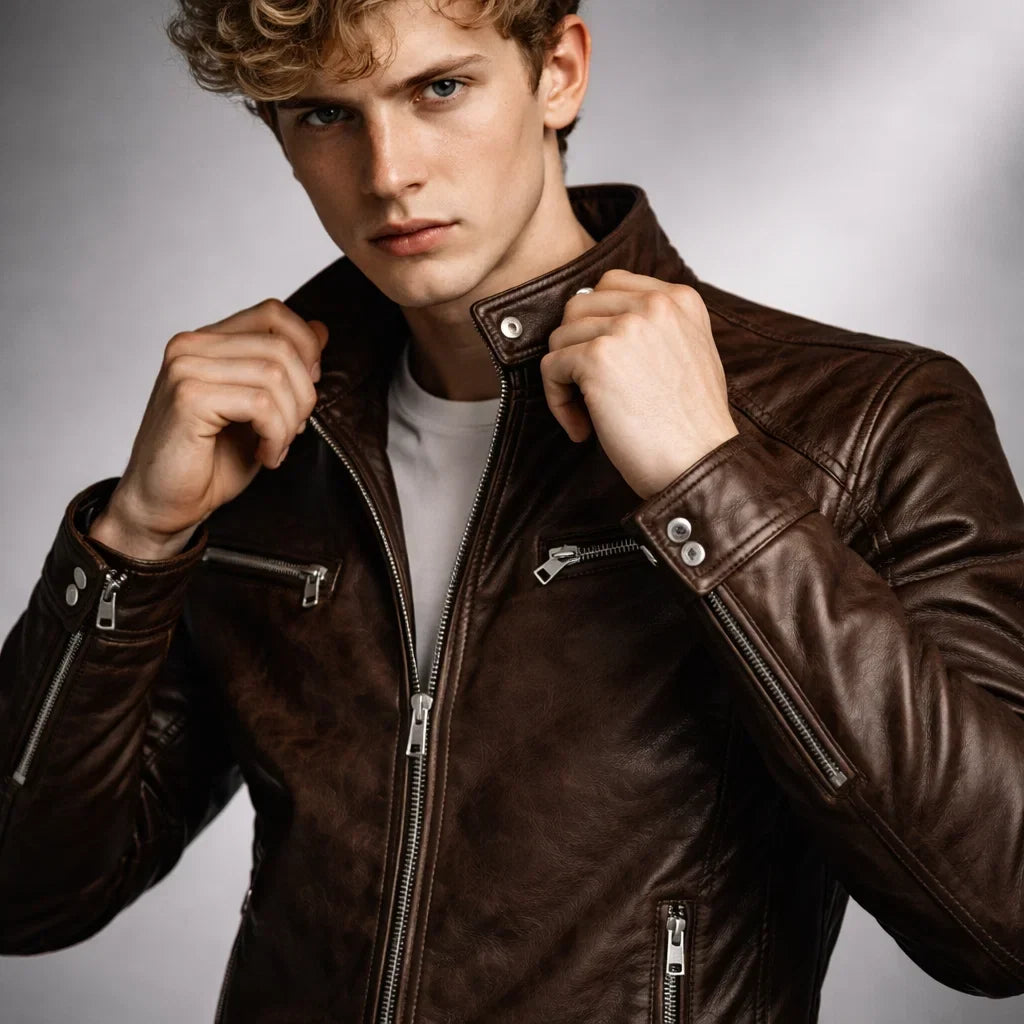Leren Herenjack Staande Kraag Ritssluitingen Slim Fit Zwart Bruin Motorjack Herfst Winter Stijlvol Casual | Sansoti