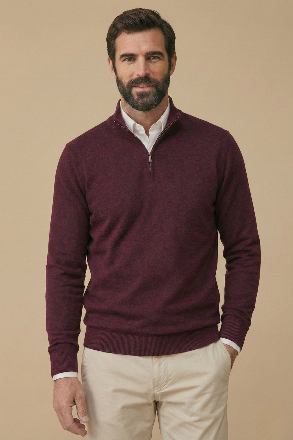 Herrenpullover mit halbem Reißverschluss, Stehkragen, gerippten Bündchen, bequemes, figurbetontes Design, lässiger Strickstil | Sansoti