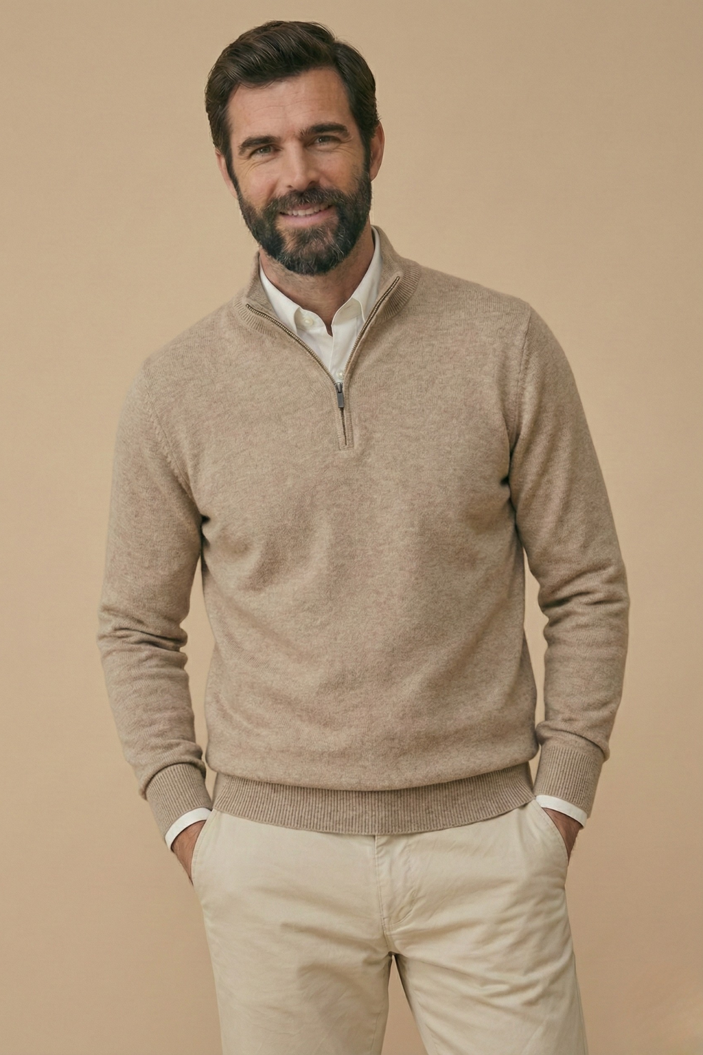 Herrenpullover mit halbem Reißverschluss, Stehkragen, gerippten Bündchen, bequemes, figurbetontes Design, lässiger Strickstil | Sansoti