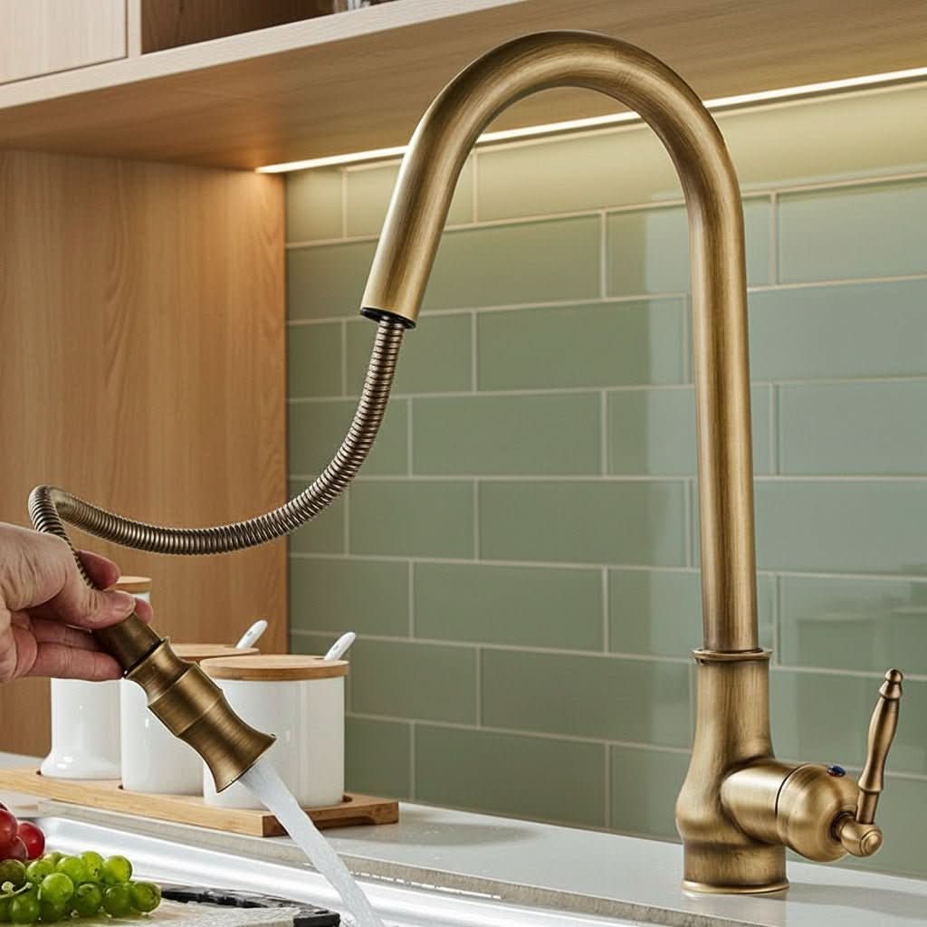 Uittrekbare Keukenkraan Hoge Boog Antieke Afwerking Flexibele Sproeikop Mengkraan voor Spoelbak Keuken | Sansoti