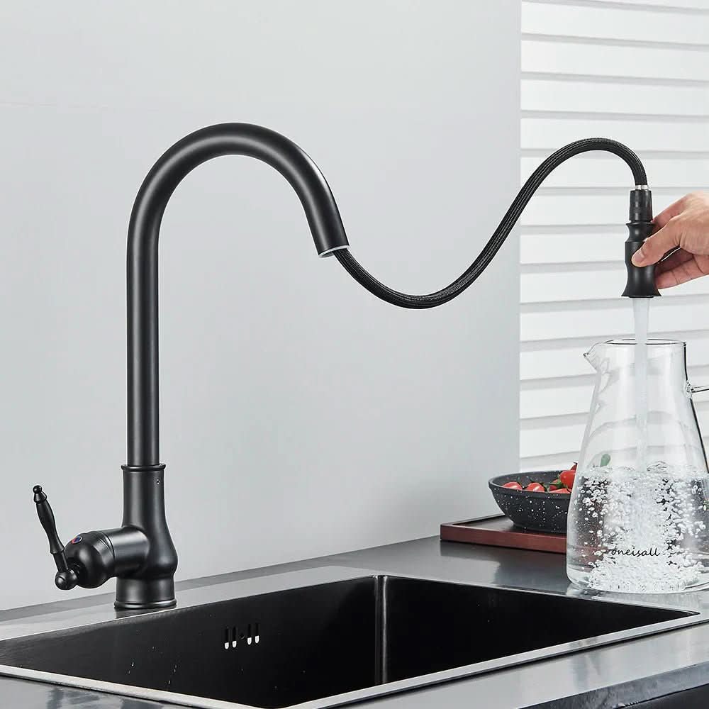 Uittrekbare Keukenkraan Hoge Boog Antieke Afwerking Flexibele Sproeikop Mengkraan voor Spoelbak Keuken | Sansoti