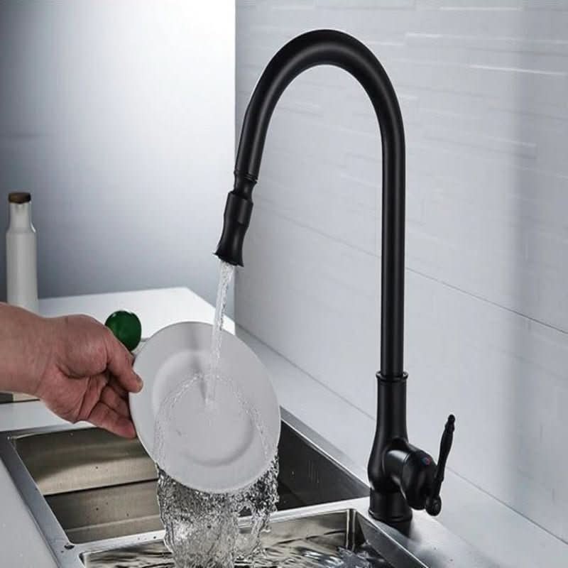 Uittrekbare Keukenkraan Hoge Boog Antieke Afwerking Flexibele Sproeikop Mengkraan voor Spoelbak Keuken | Sansoti