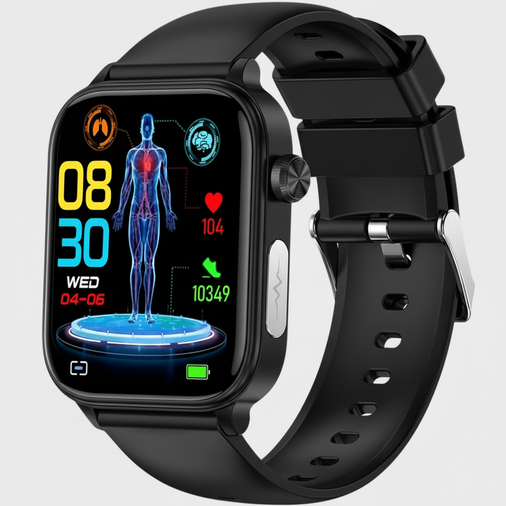 Smartwatch met Gezondheidsmeting — Hartslagmeter, Bloedsuikermonitoring, SOS-functie, Valdetectie & Waterdicht Sporthorloge | Sansoti