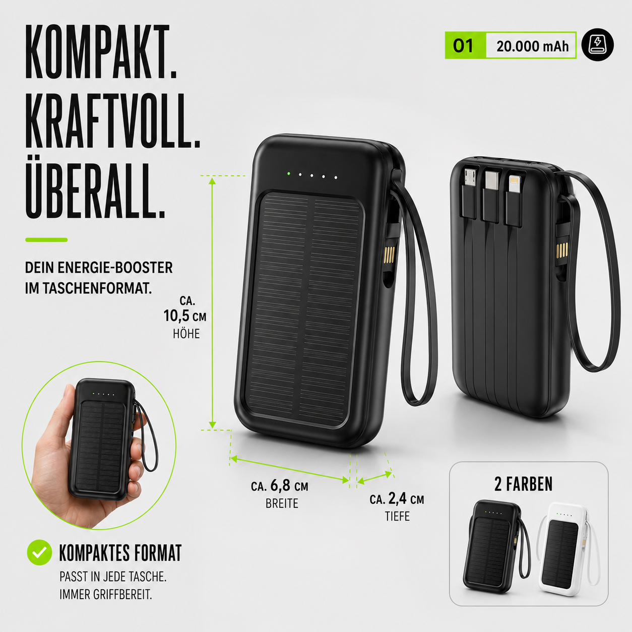 Oplaadbare Powerbank 20000mAh met Zonnepaneel, LED-Zaklamp en Ingebouwde Kabels – Draagbare Noodaccu met Dubbele USB- en Type-C-Aansluiting voor Smartphone en Tablet | Sansoti